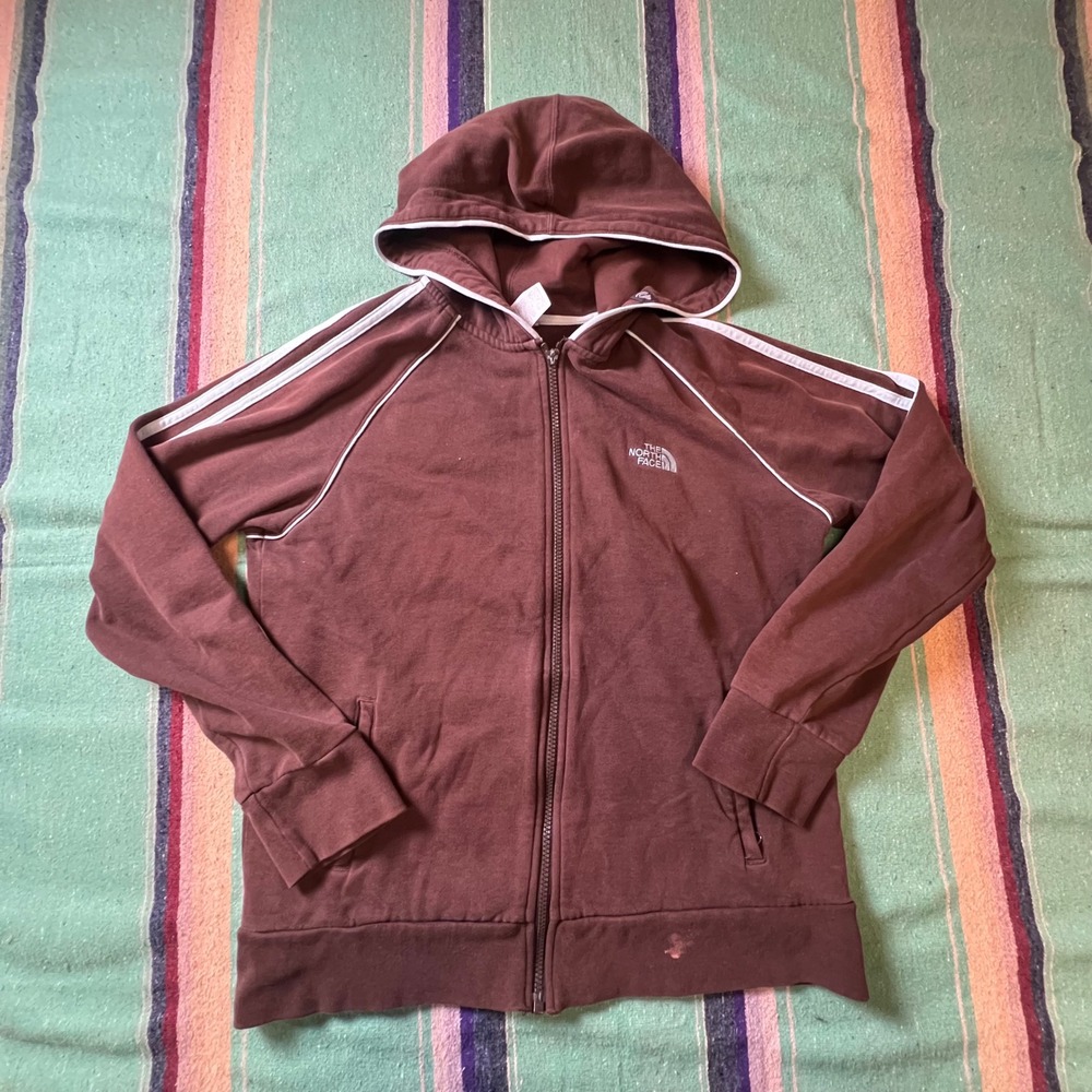 The North Face Hoodie Womens L Brown Full Zip Stripe Raglan Fleece Sweatshirt